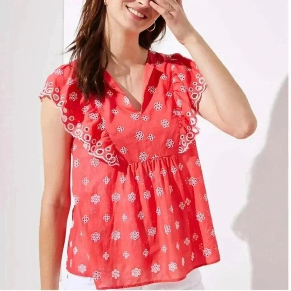 2/$30 Loft Size Small Blouse Top Eyelet Ruffle Shirt Coral Preppy